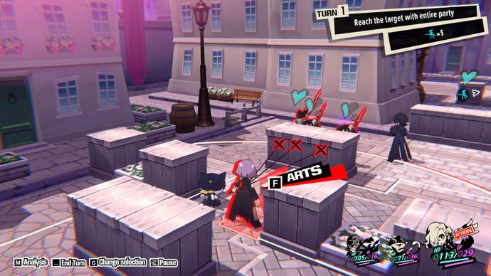 Erina rattles off rounds into enemies behind cover in Persona 5 Tactica.