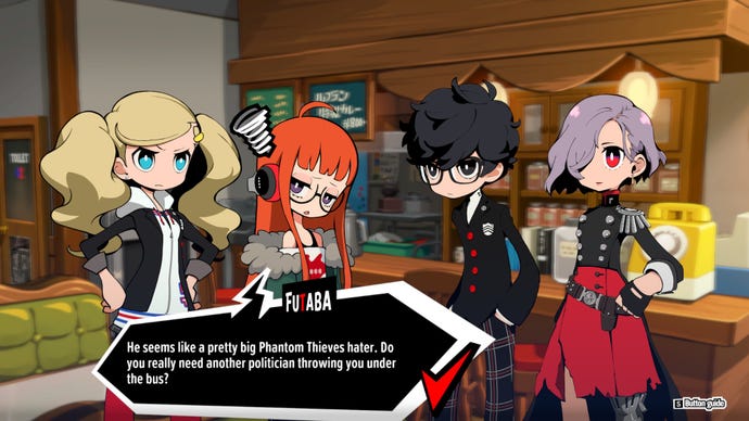 Anne, Futaba, Erina, and Joker chat in Leblanc Cafe in Persona 5 Tactica.