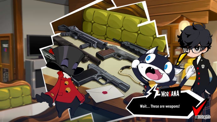 Morgana yelps at a bunch of guns in Persona 5 Tactica.