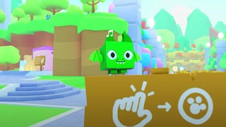 A cute green creatures stands on top of a cardboard box, with a colourful scene in the background, in the game Pet Simulator 99.