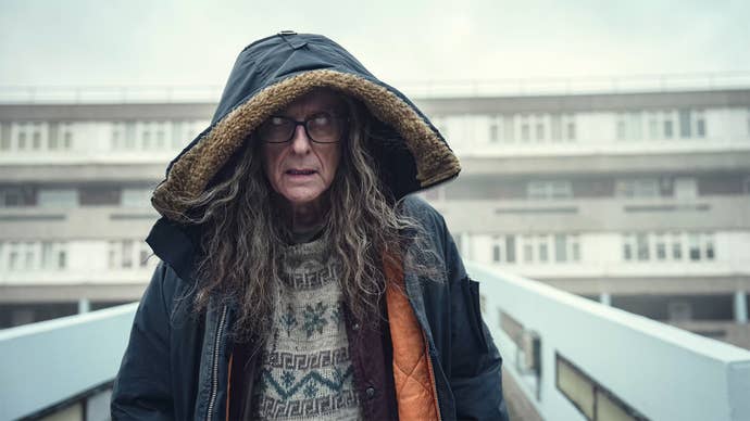 A still from the Black Mirror episode Playthings, in which Peter Capaldi plays a video game journalist sucked into a game called Thronglets.