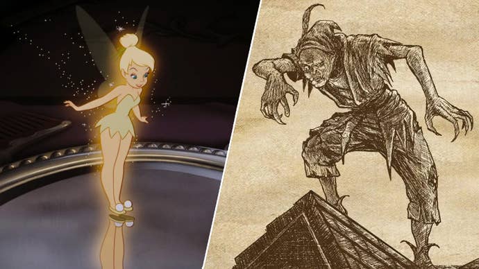 Tinkerbell from Disney’s Peter Pan looking at herself in a mirror, and a monstrous-like version of Peter Pan.