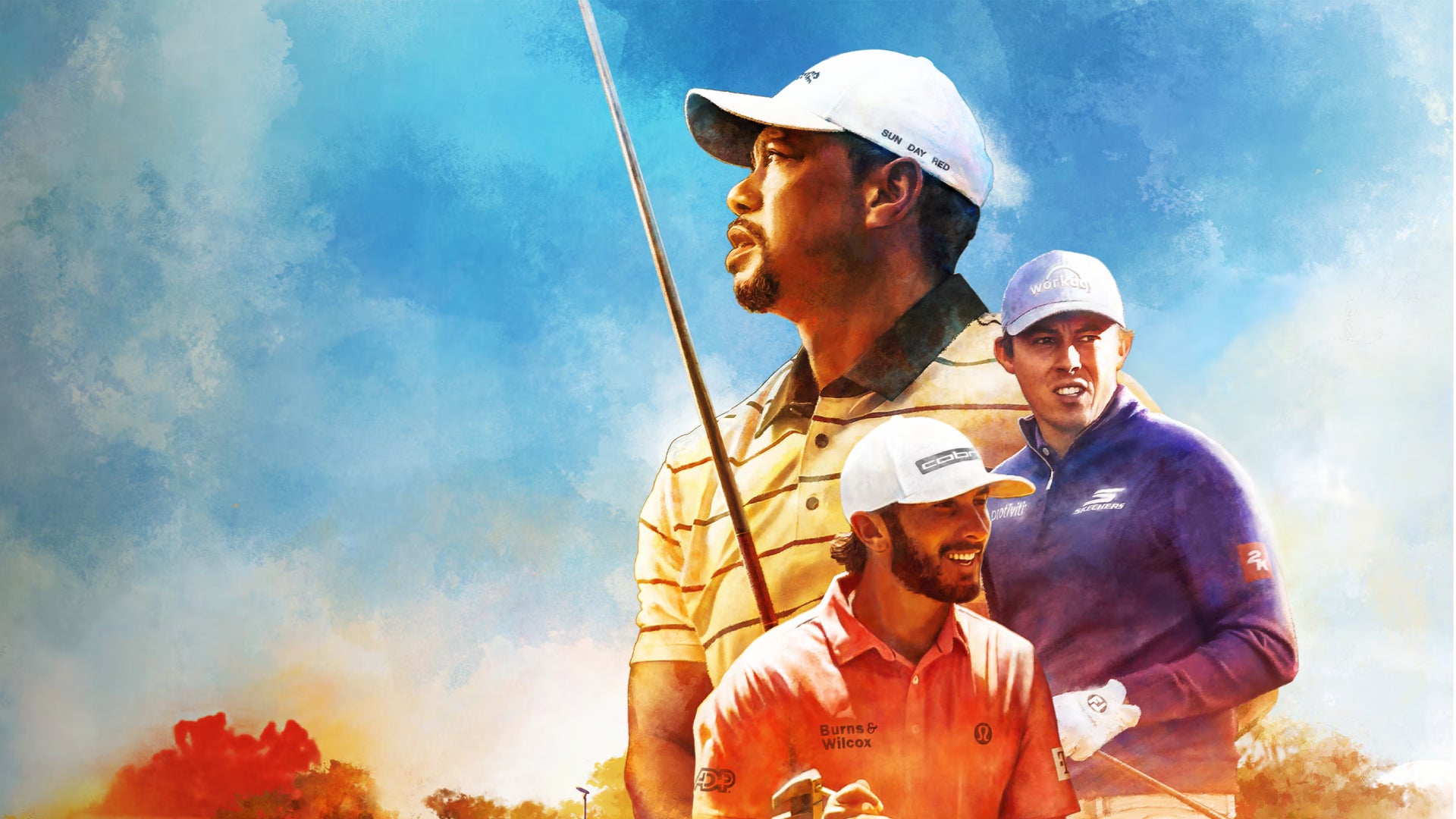 Cover art image for PGA Tour 2K25 with three golfers depicted in a watercolour style. - 1