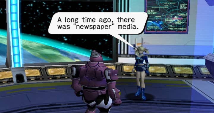 In Phantasy Star Online, a woman on a futuristic space station tells the player character, "A long time ago, there was 'newspaper' media."