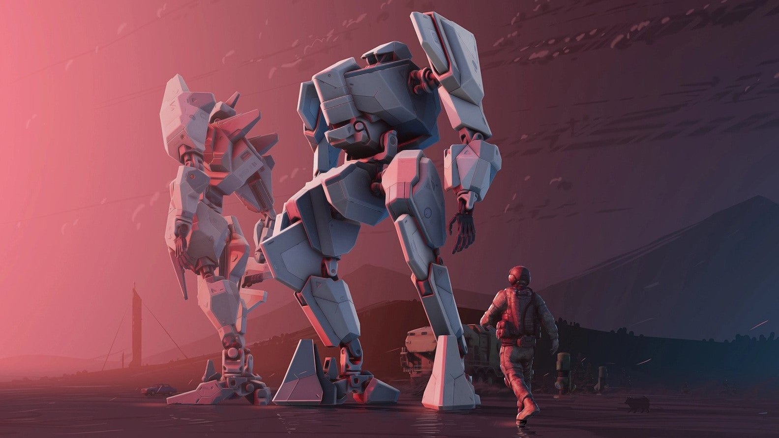 Key art from Phantom Brigade showing a pilot walk up to two mechs