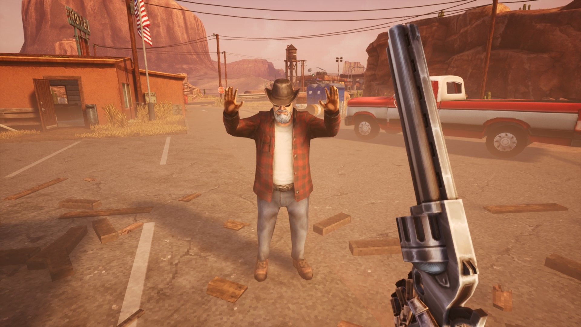 A man on a desert highway holds his hands up in Phantom Fury - 1