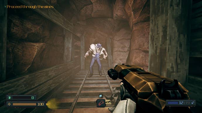 A mutant attacks Shelly in an mine shaft