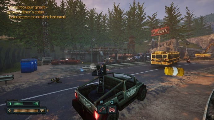 The player drives a jeep down the roads, gunning enemies as they pass