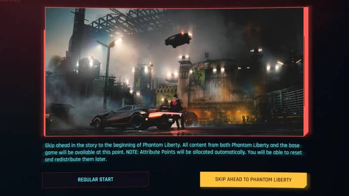 The new game screen in Cyberpunk 2077, where you choose between regular start and skipping ahead to Phantom Liberty.