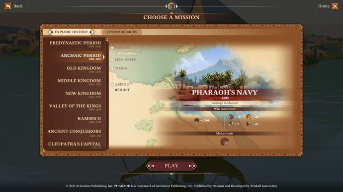 A level selection screen from the main menu of Pharaoh: A New Era, open on a mission called Pharaoh’s Navy