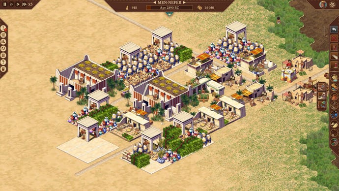 A busy storage and industry section in Pharaoh: A New Era, will several full storage yards, granaries, and workers busy making papyrus, beer, and pots