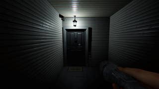 The walkway to a front door as seen in the dark, lit, as it is, by a pale lantern above. It's the entrance to Tanglewood Drive, the iconic first map in Phasmophobia. Just don't go in.