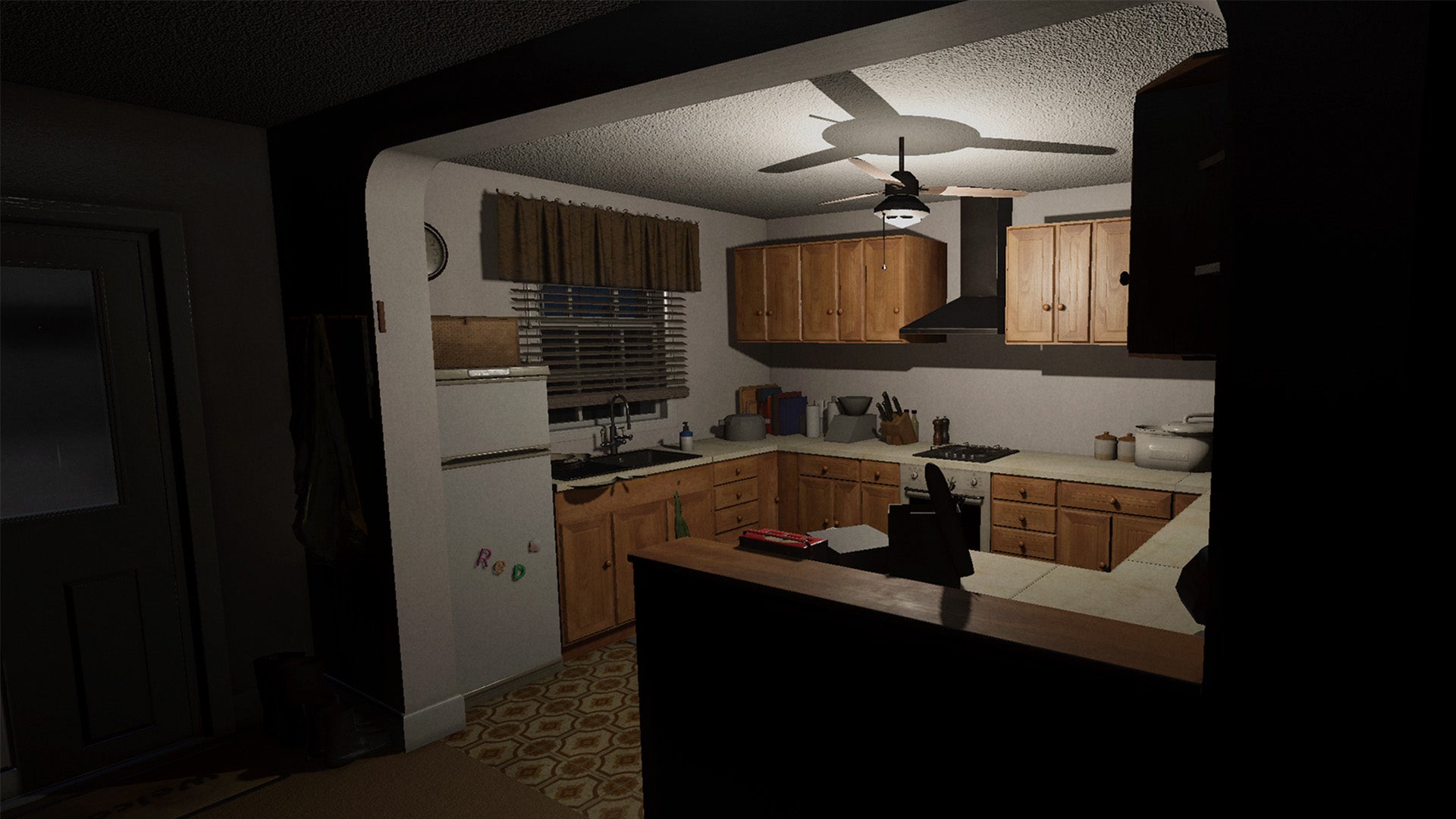A dimly lit kitchen at night in Phasmophobia. - 1