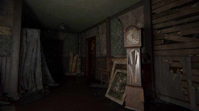 A dusty, abandoned attic with an aged gramps timepiece successful Phasmophobia.
