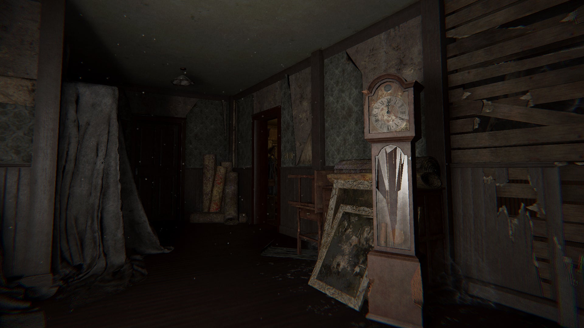 A dusty, abandoned attic with an old grandfather clock in Phasmophobia. - 1