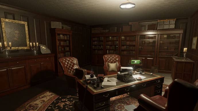 A study room in the Bleasdale map for Phasmophobia, showing plush armchairs and ornate bookcases.