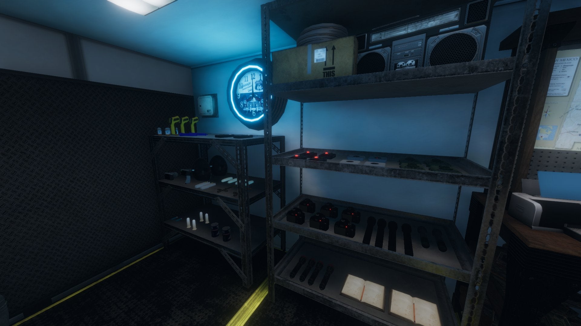 The equipment shelves in the Phasmophobia van