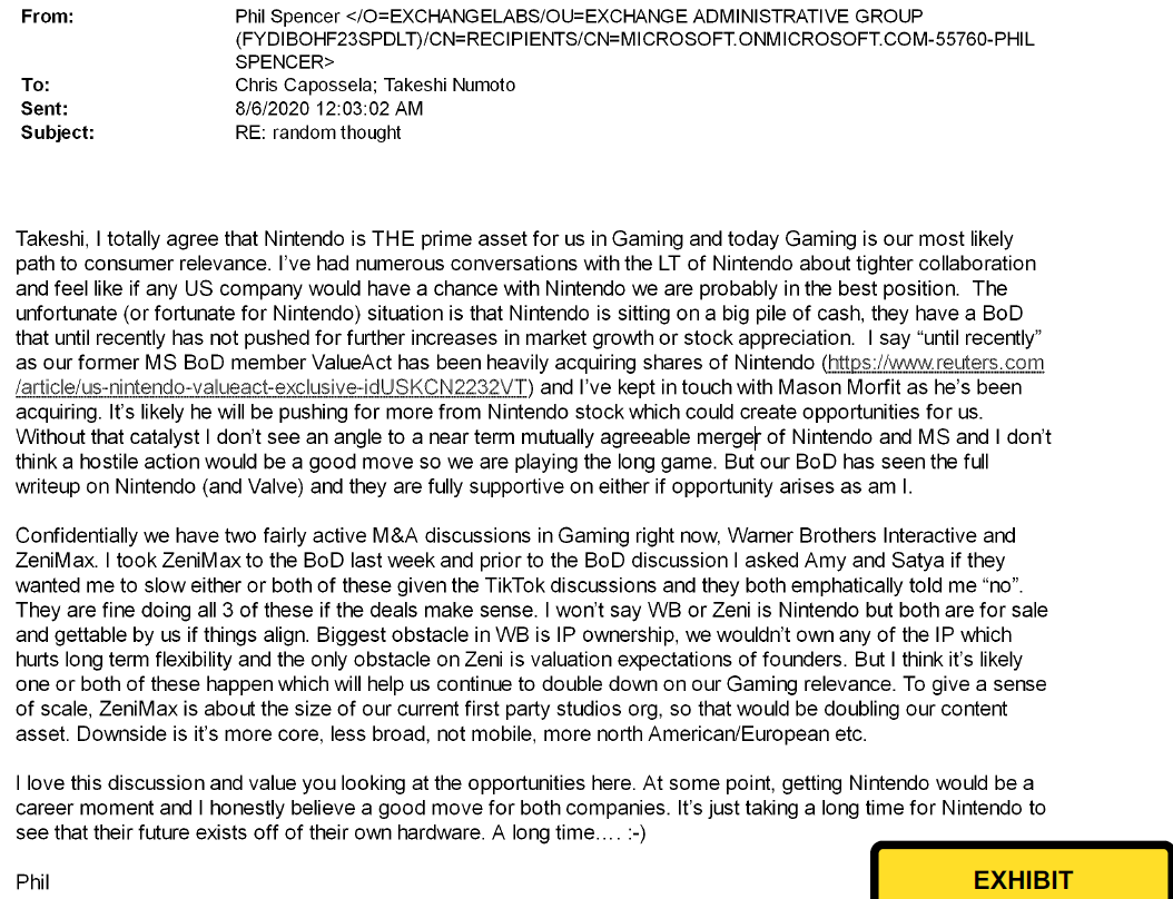 Screenshot of internal email sent by Phil Spencer concerning Nintendo acquisition