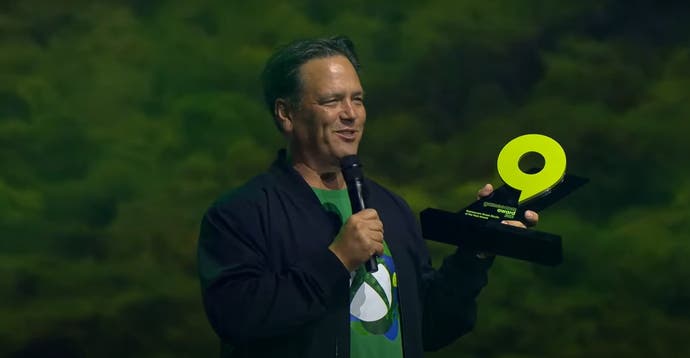 Xbox boss Phil Spencer collects an award at Gamescom Opening Night Live.