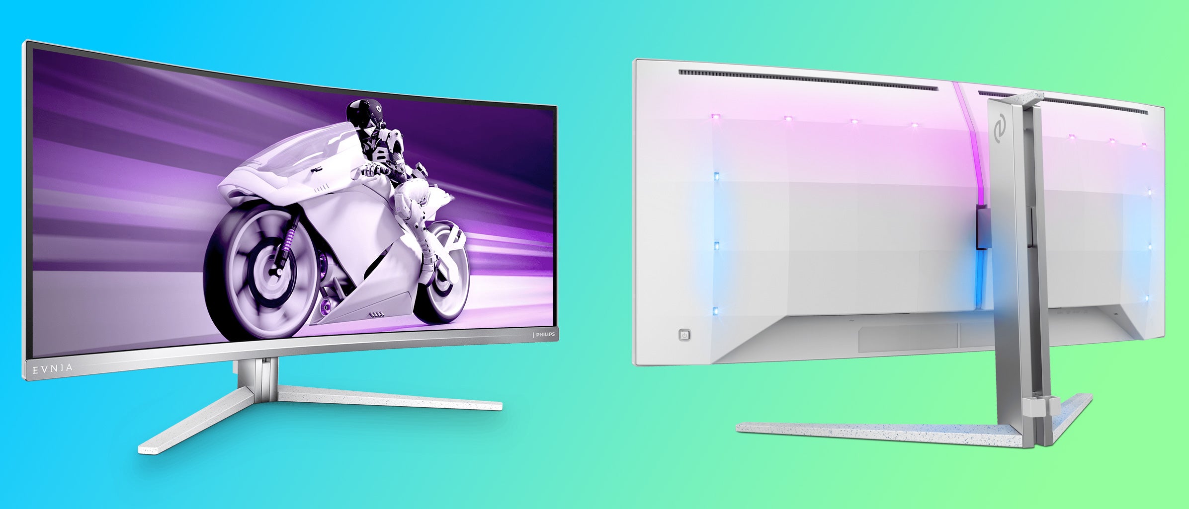 Philips Evnia 34M2C8600 gaming monitor, with its front and rear shown.