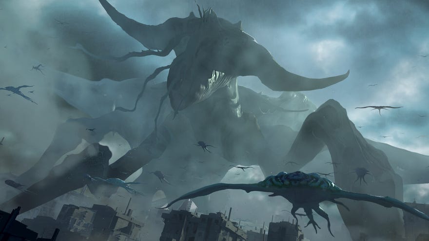A screenshot from Phoenix Point’s Festering Skies DLC, which shows an enormous monster in the sky, known as the Behemoth.