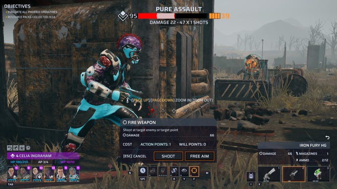 A colourful warrior hides behind cover in Phoenix Point.