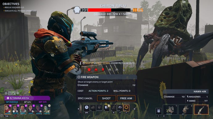 A soldier aims their gun at an alien in Phoenix Point.