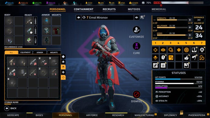 A soldier’s stat and equipment screen in Phoenix Point.