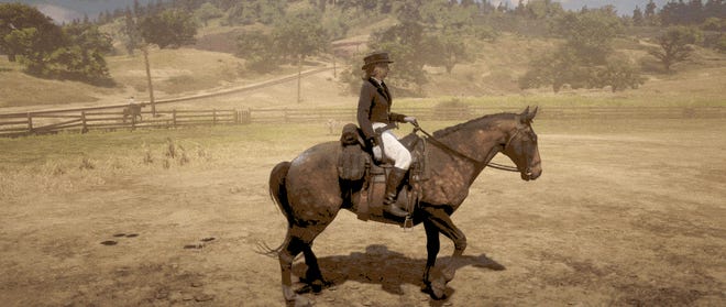 A lady on a horse in the 19th century Wild West, piaffing - which is to say having the horse jog on the spot. It's a dusty and dry place.