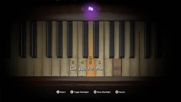 The Piano puzzle in Black Ops 6’s safehouse, with the correct key combination (1. Ми, 2. Рe, 3. Cи, 4. До, 5. Pe) outlined.