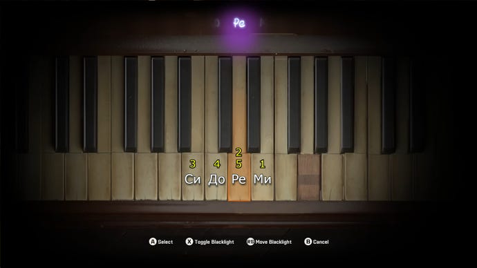 El rompecabezas de piano en la casa segura de Black Ops 6, con la combinación de teclas correcta (1. Ми, 2. Рe, 3. Cи, 4. До, 5. Pe) delineada.