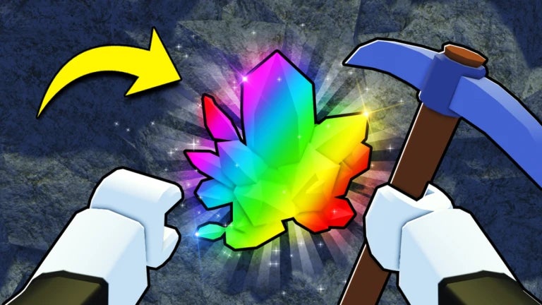 Artwork for the Roblox game Pickaxe Simulator showing a character using a pickaxe to mine for ores. - 1