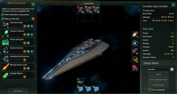 Designing a picket ship in the Stellaris ship designer.