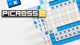 Logo for Picross e overlapping on a partially filled in Picross grid