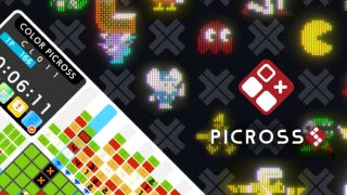 Picross S: Namco Legendary Edition promotional art showing various classic Namco character sprites including Pac-Man.