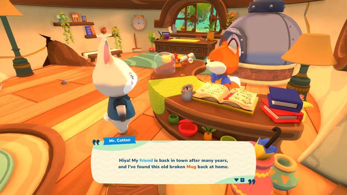 A bunny called Mr. Cotton chats to the shopkeeping fox in Piece By Piece.