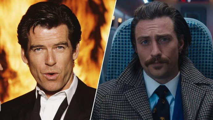 Promotional image of Pierce Brosnan as James Bond, his tie is loose and he’s stood in front of a fire. Aaron Taylor-Johnson is sat on a train in Bullet Train looking slightly annoyed.