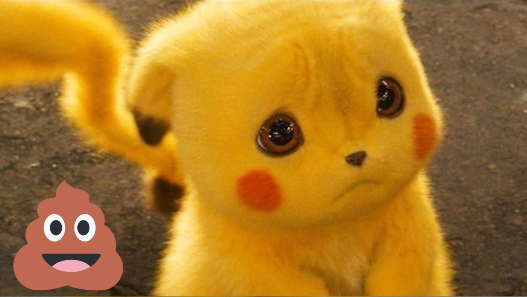 Screenshot of Pikachu from live-action Pokemon film looking sad with a poop emoji next to him