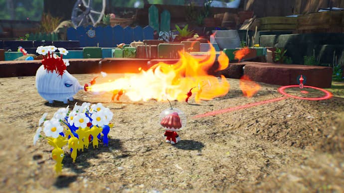 Pikmin fight a fire-spouting enemy.