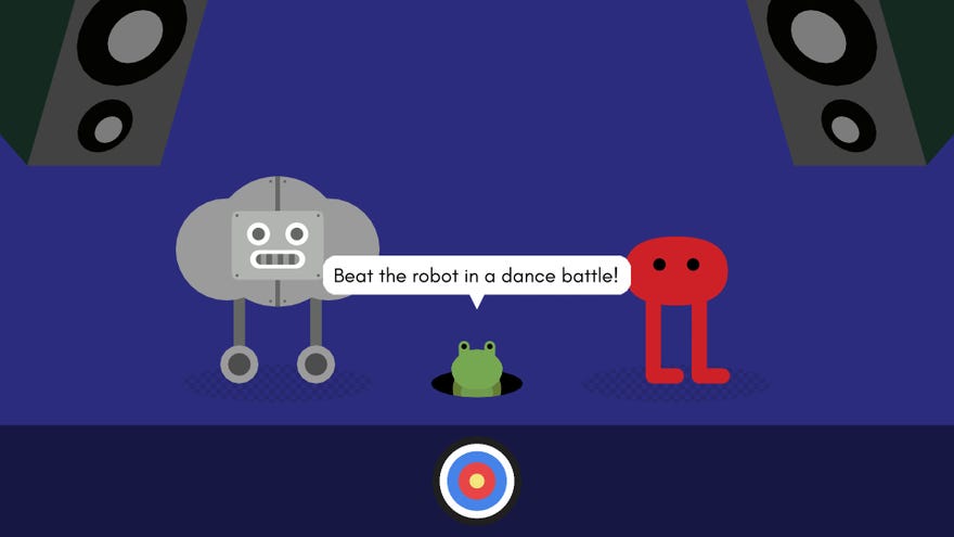 Pikuniku, from the game Pikuniku, about to take on a robot in a dance off in a nightclub
