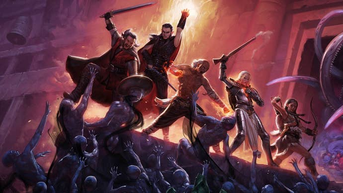 Pillars of Eternity artwork showing a group of heroes standing on an elevated platform furiously attacking enemies as they rush in from below.