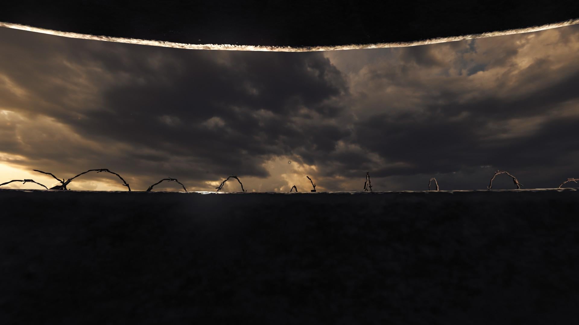 A tentative upward glimpse through the pillbox window in Amnesia: The Bunker, showing a black and gold cloudscape.