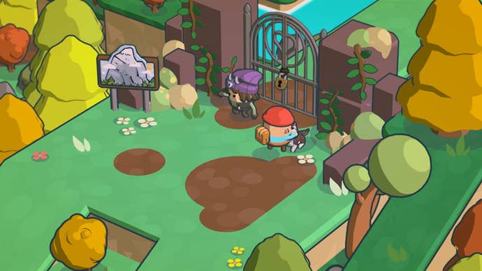 The player pets the dog in front of a gated area of the caravan park in Pine Hearts