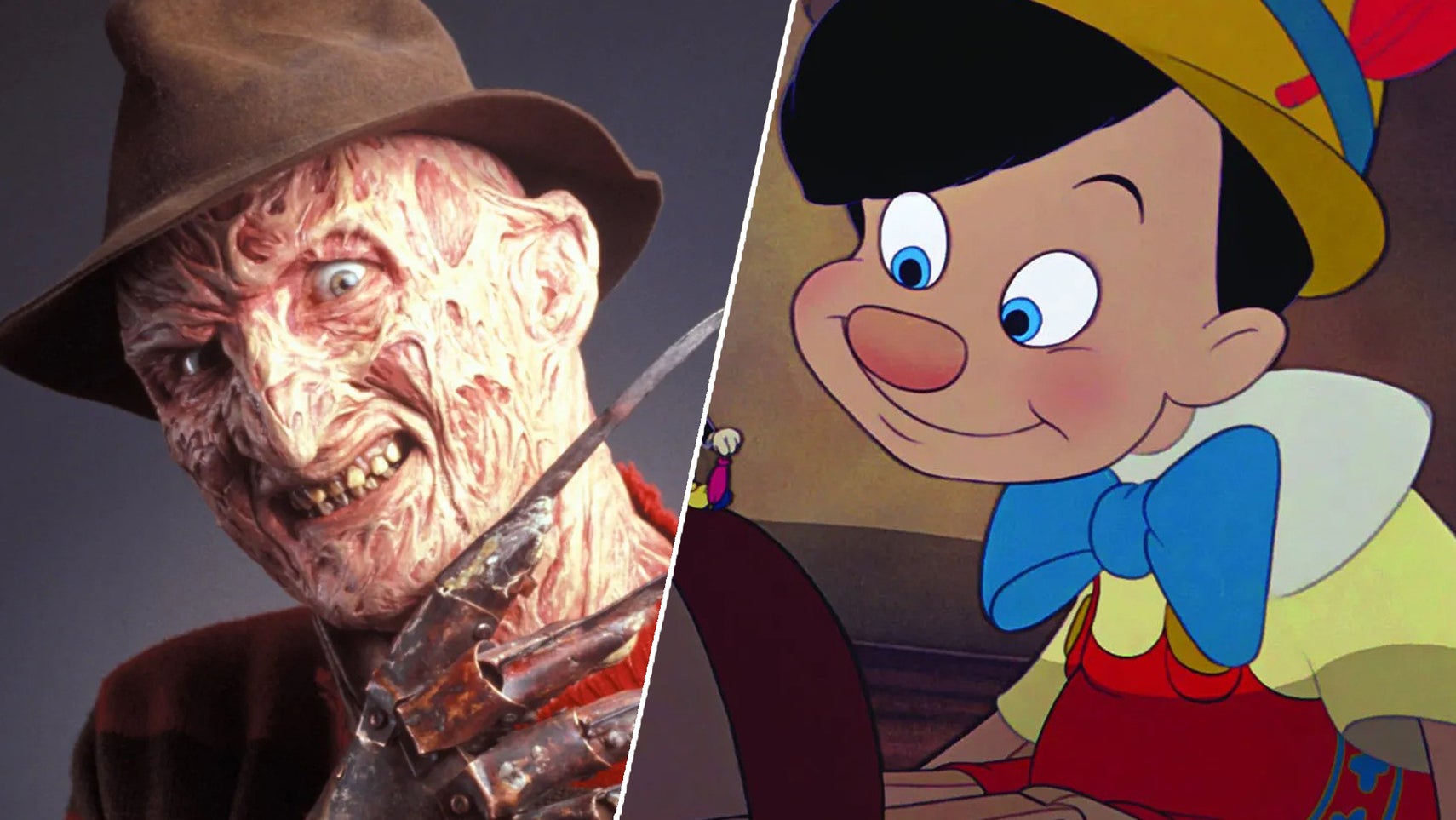 On the left, Freddy Krueger, a man covered in burn scars wearing a brown hat, holding up a glove with knives attached to the fingers, smiles creepily into the camera. On the right, Pinocchio smiles at Jiminy Cricket who is on his shoe. - 1