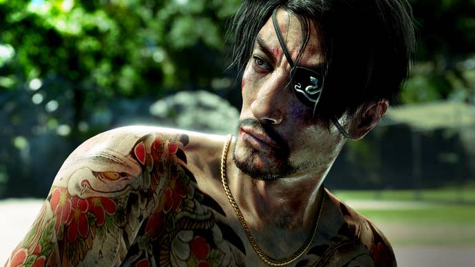A Like a Dragon: Pirate in Hawaii screenshot featuring protagonist Goro Majima shirtless and wearing an eyepatch.