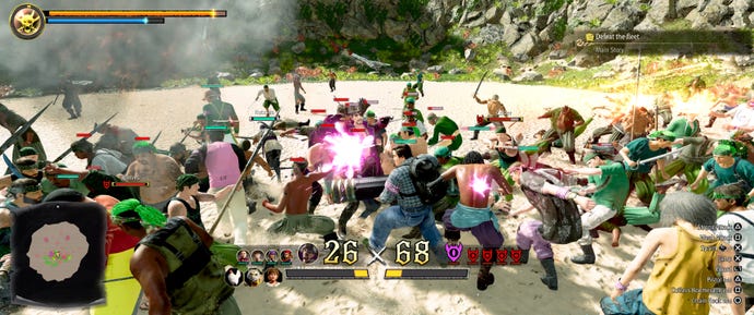 Majima and crew fighting a gang of pirates on an island.