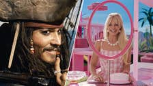 On the left, Johnny Depp in Pirates of the Caribbean smirking with a finger held to his chin. On the right, Margot Robbie in Barbie, sat in front of a mirror frame smiling.