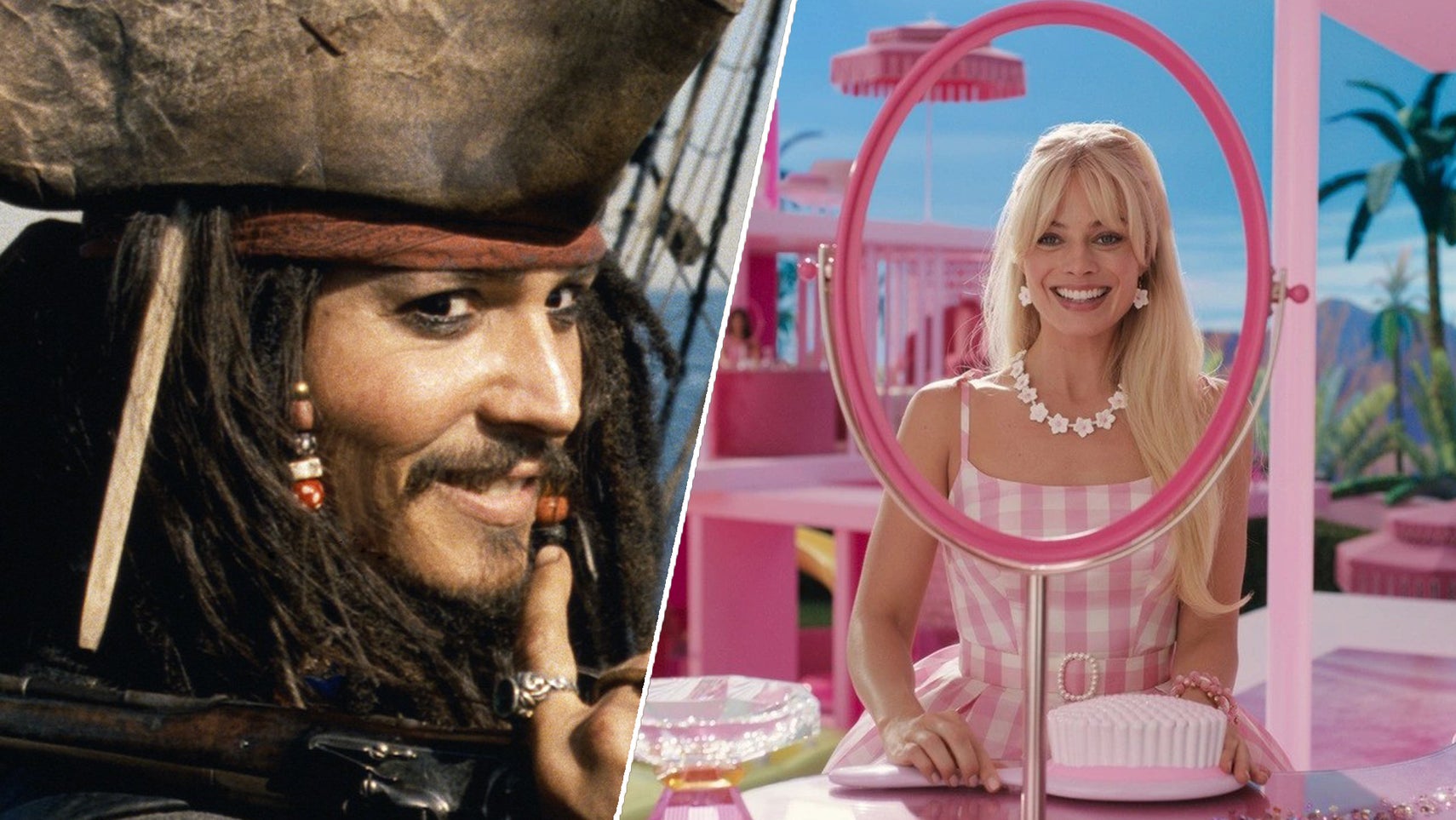 On the left, Johnny Depp in Pirates of the Caribbean smirking with a finger held to his chin. On the right, Margot Robbie in Barbie, sat in front of a mirror frame smiling. - 1