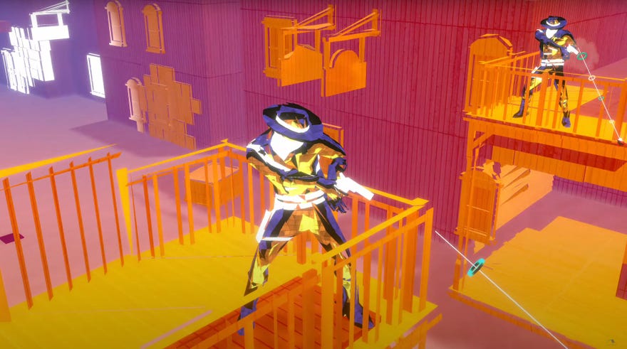 A screenshot of Pistol Whip’s western-themed Smoke & Thunder update showing a polygon cowboy on a balcony aiming a pistol.