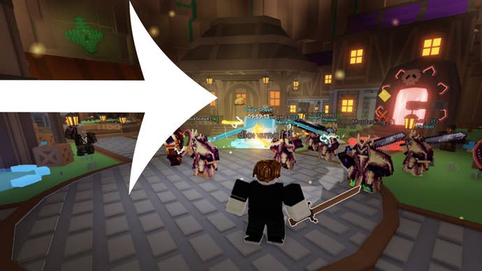 An arrow pointing at the Bank location in Pixel Blade.